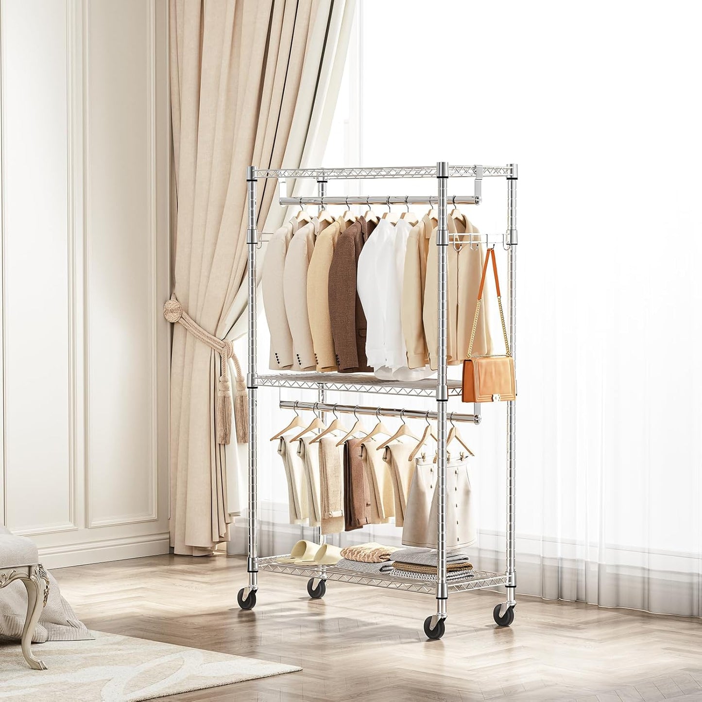 Heavy Duty Rolling Garment Rack 3 Tiers Adjustable Wire Shelving Clothes Rack with 2 Rods and Side Hooks,Storage Closet Clothing Rack with Wheels Chrome 15.7" D x 29.5" W x 74.5" H