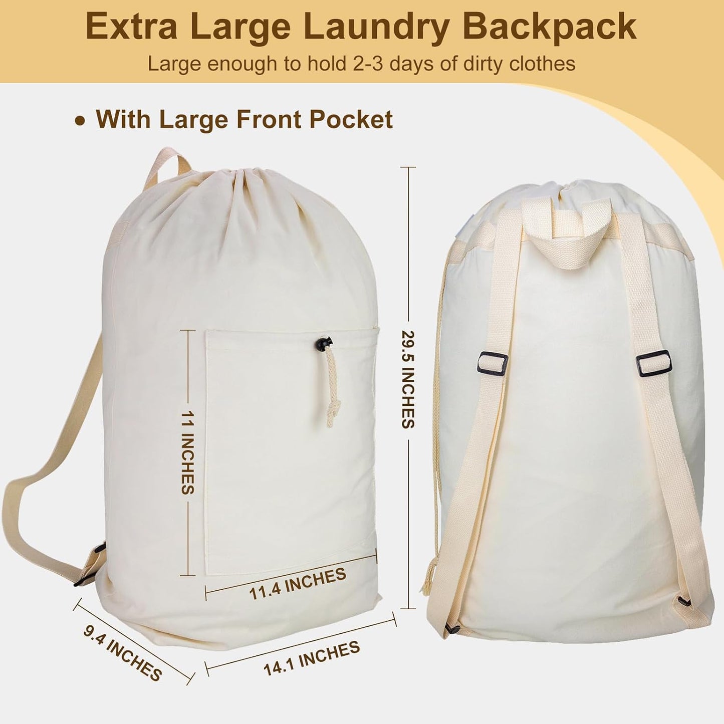 Laundry Bag Backpack, Canvas Laundry Bag with Straps & Drawstring Closure Washable Dirty Cloth Hamper Bag with Large Front Pocket for College, Travel, Laundromat, Camping (2 Pack)