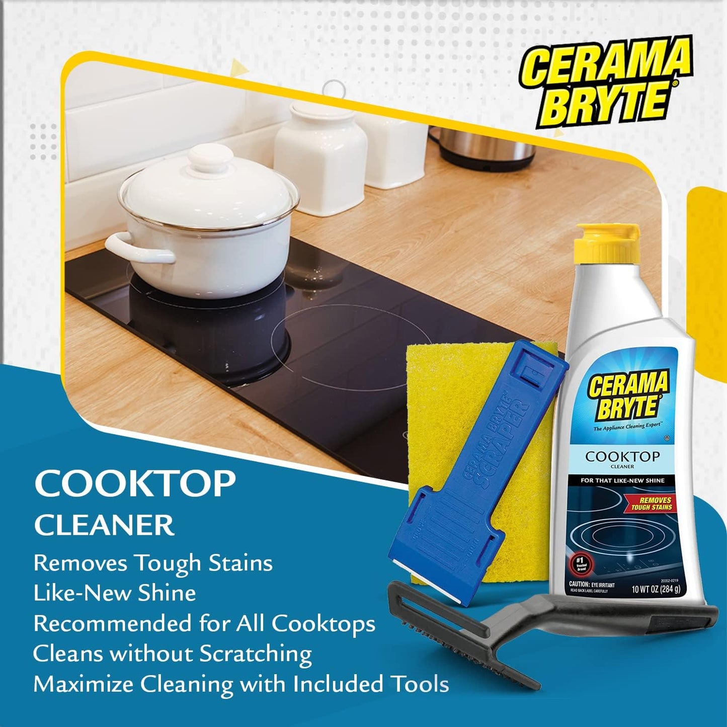 Cerama Bryte Glass Cooktop and Stove Top Cleaner Combo Kit - Includes Cleaning Tool, Razor, Scraper and 3 Pads to Remove Tough Stains - Use on Gas, Electric, Ceramic Surfaces, 10 Ounces, 6 Piece