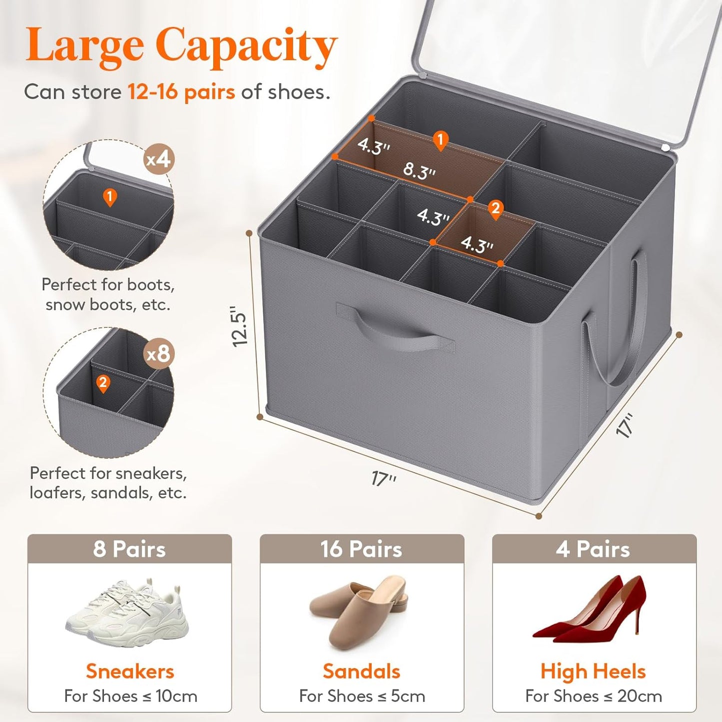 Lifewit Shoe Storage Organizer for Closet Fits 12-16 Pairs, Fabric Large Shoe Box Storage Containers with Clear Cover, Foldable Bins Fit for Boots Heels Sneakers 17"(L) x 17"(W) x 12.5"(H) 3 Pack Gray