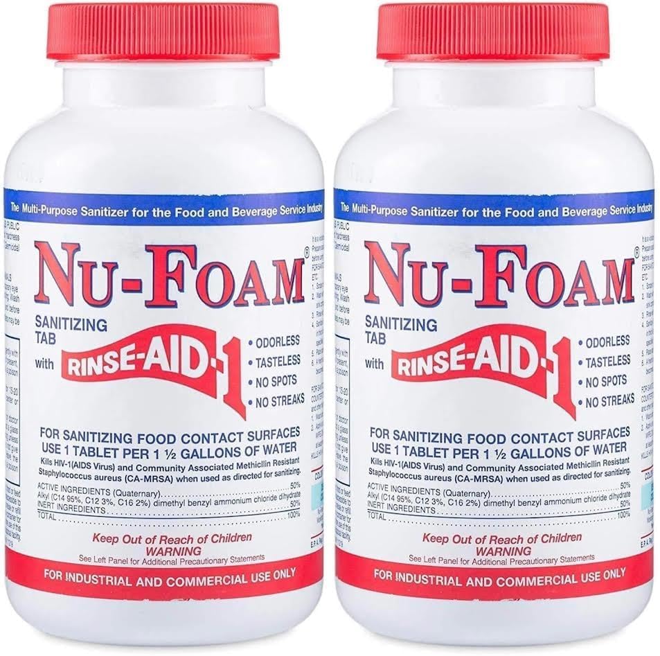 Nu-Foam Sanitizing Tablets for Bar Glassware – Superior Rinse Aid - Hand Washing Bar, Tavern, Brewery Supplies - Spotless Serving Glasses -2 Pack 200 Tablets - Makes 1,200 Quarts Sanitizing Solution