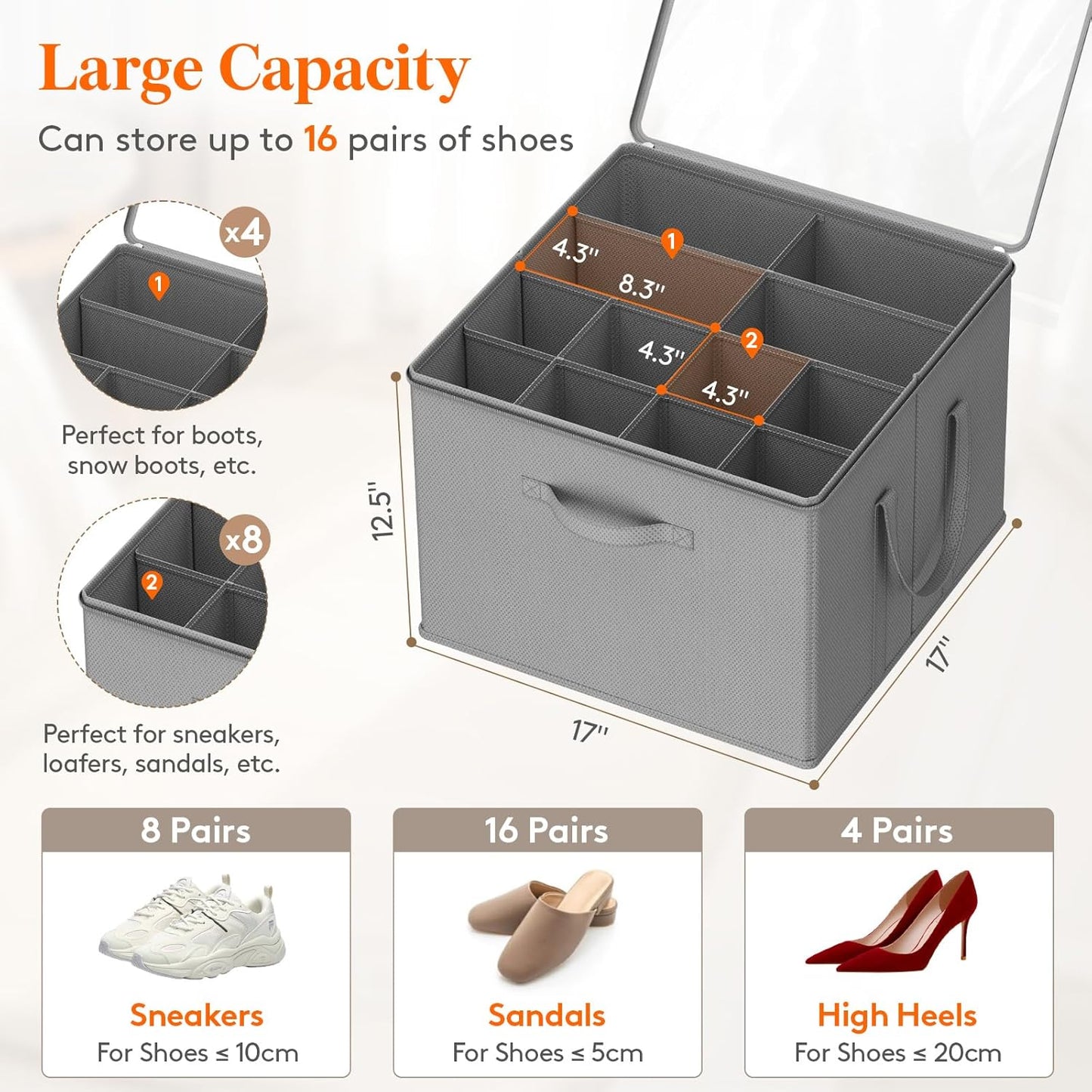 Lifewit Shoe Storage Organizer for Closet Fits 12-16 Pairs, Fabric Large Shoe Box Storage Containers with Clear Cover, Foldable Bins Fit for Boots Sneakers 17"(L) x 17"(W) x 12.5"(H) 1 Pack Light Gray