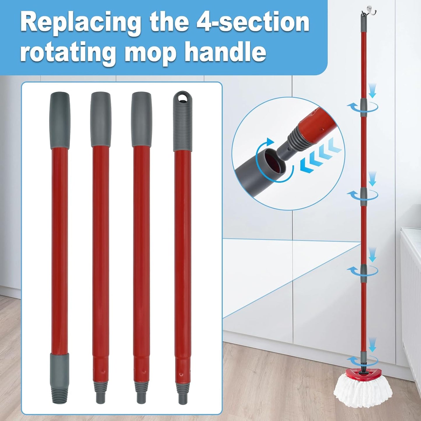 Mop Handle for Ocedar, Mop Handle for O Cedar, Spin Mop Replacement Handle for O Cedar, 4 Section 30" to 58" Mop Handles for Ocedar Spin Mop & H2pro Flat Mop, Mop Stick Mop Pole Handle for Ocedar Mop