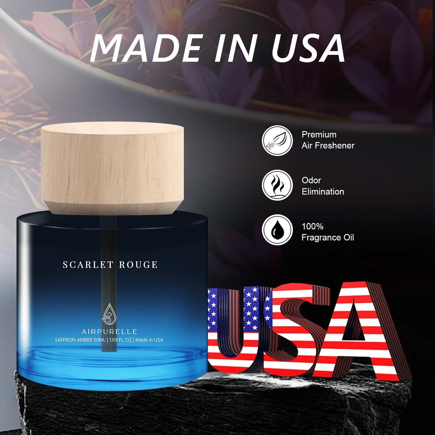 Car Air Freshener for Men & Women – Long-Lasting Saffron Amber Essential Oil Diffuser for Car Cup Holder – 50ML (1.7 FL OZ) Car Scent Diffuser, Inspired by Perfume – Made in USA