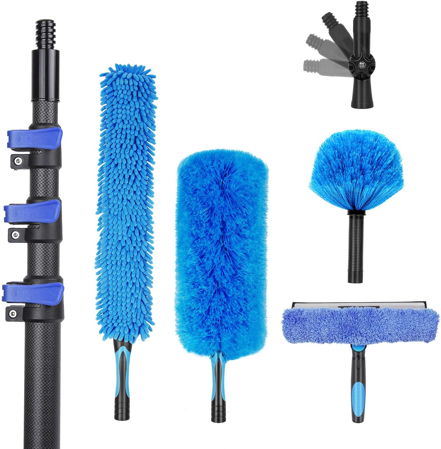 18 Foot High Ceiling Duster Kits with 3.5-12 FT Carbon Fiber Extension Pole, Feather Duster, Cobweb Duster, Ceiling Fan Duster, Window Squeegee & Cleaner with Pole 12 Ft