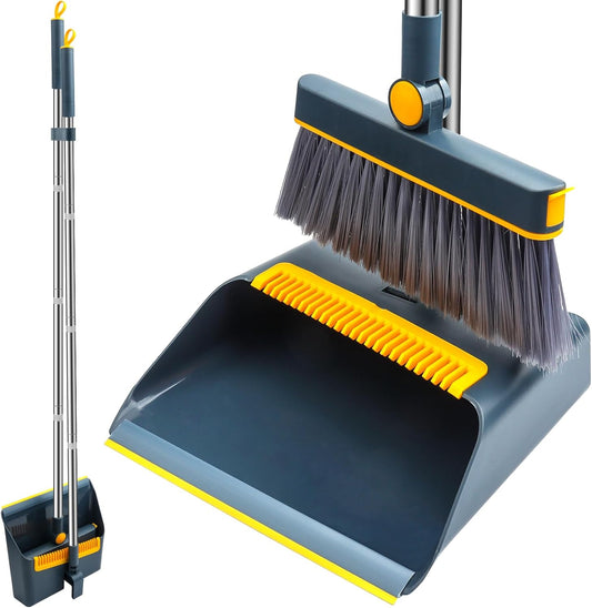 Long-Handled Broom and Dustpan Set, Windproof Broom Combination, 180-degree Rotating Brush Head with Upright Dustpan, Suitable for Indoor and Outdoor Cleaning. (Blue)