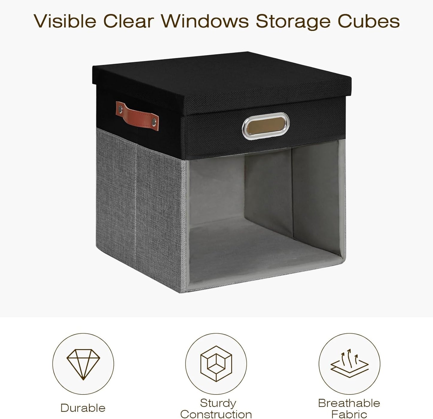 Fabric Storage Cubes with Clear Windows and Lids 11'' Foldable Storage Bins with 3 Handles, Decorative Storage Boxes for Home, Bedroom, Closet, Office (Black&Gray)