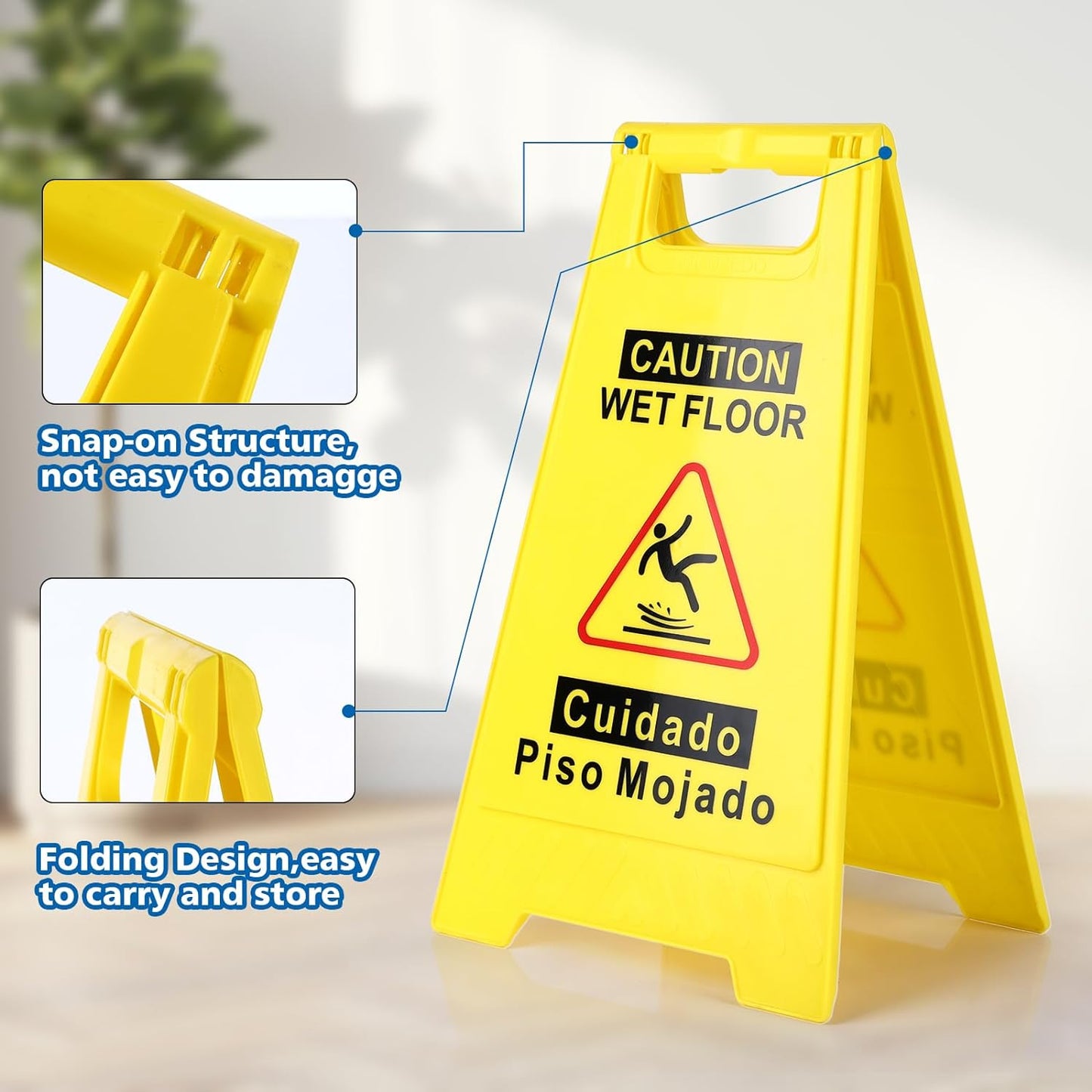 1-Pack Caution Wet Floor Sign,17.5" Height,Bright Yellow Double-Sided Folding A-Shaped Frame Design, Bilingual Caution Message