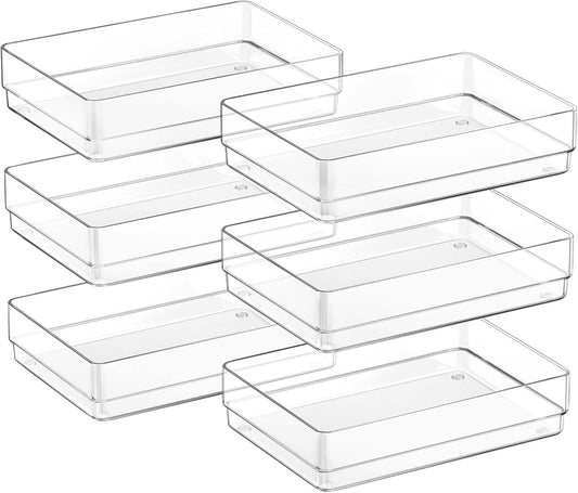 SMARTAKE 6 PCS Clear Plastic Drawer Organizers Set, Large Size Non-Slip Desk Drawer Organizer, Versatile Bathroom and Vanity Drawer Organizer Trays for Makeup, Bedroom, Office, Kitchen Utensils