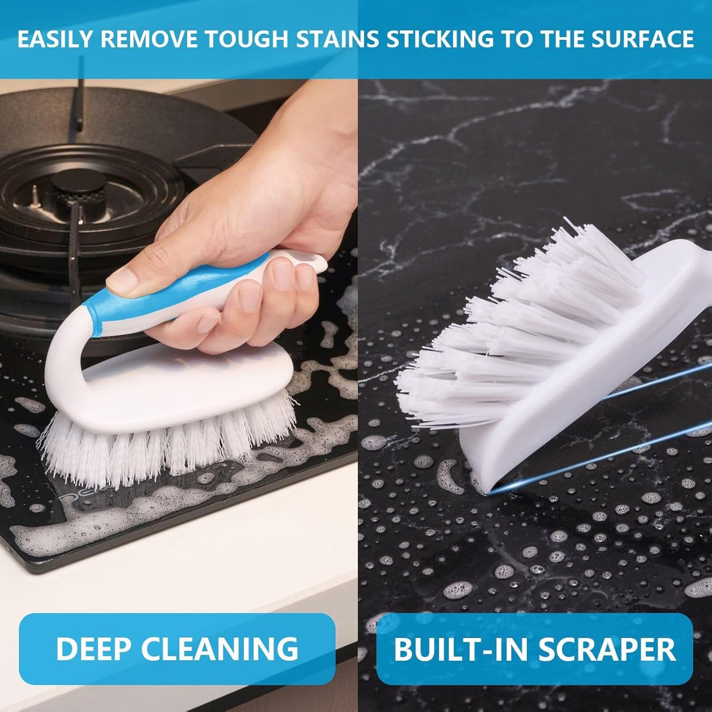 Scrub Brush Set, 4 Pack Deep Cleaning Brush Kit - 2 Scrub Brush, 2 Tile & Grout Brush with Built-in Scraper, Household Commercial Scrubber for Floor, Shower, Pool Wall, Tub (Blue)