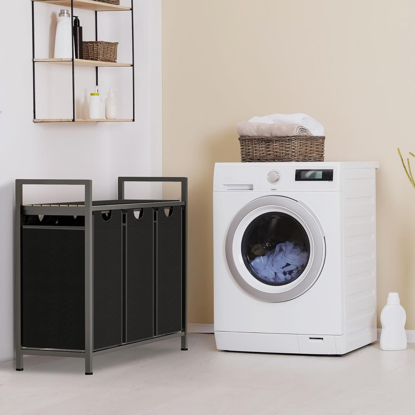 Laundry Hamper, Laundry Sorter with 3 Pull-Out Removable Oxford Fabric Bags Cloth Laundry Basket 3 x 10 Gallons (Charcoal Black)