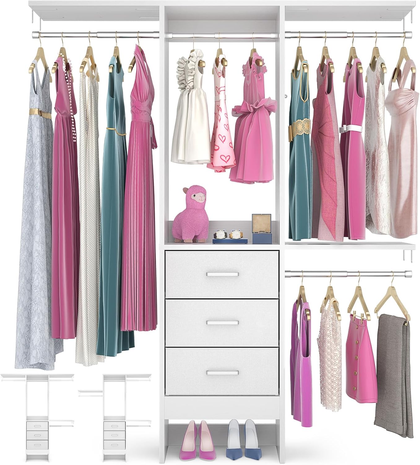 4FT Small Closet System with 3 Fabric Drawers, 48'' Closet Organizer System With 3 Adjustable Shelves, Flexible Built-In Clothes Garment Rack for Small Space, 48" L x 13" W x 71" H, White