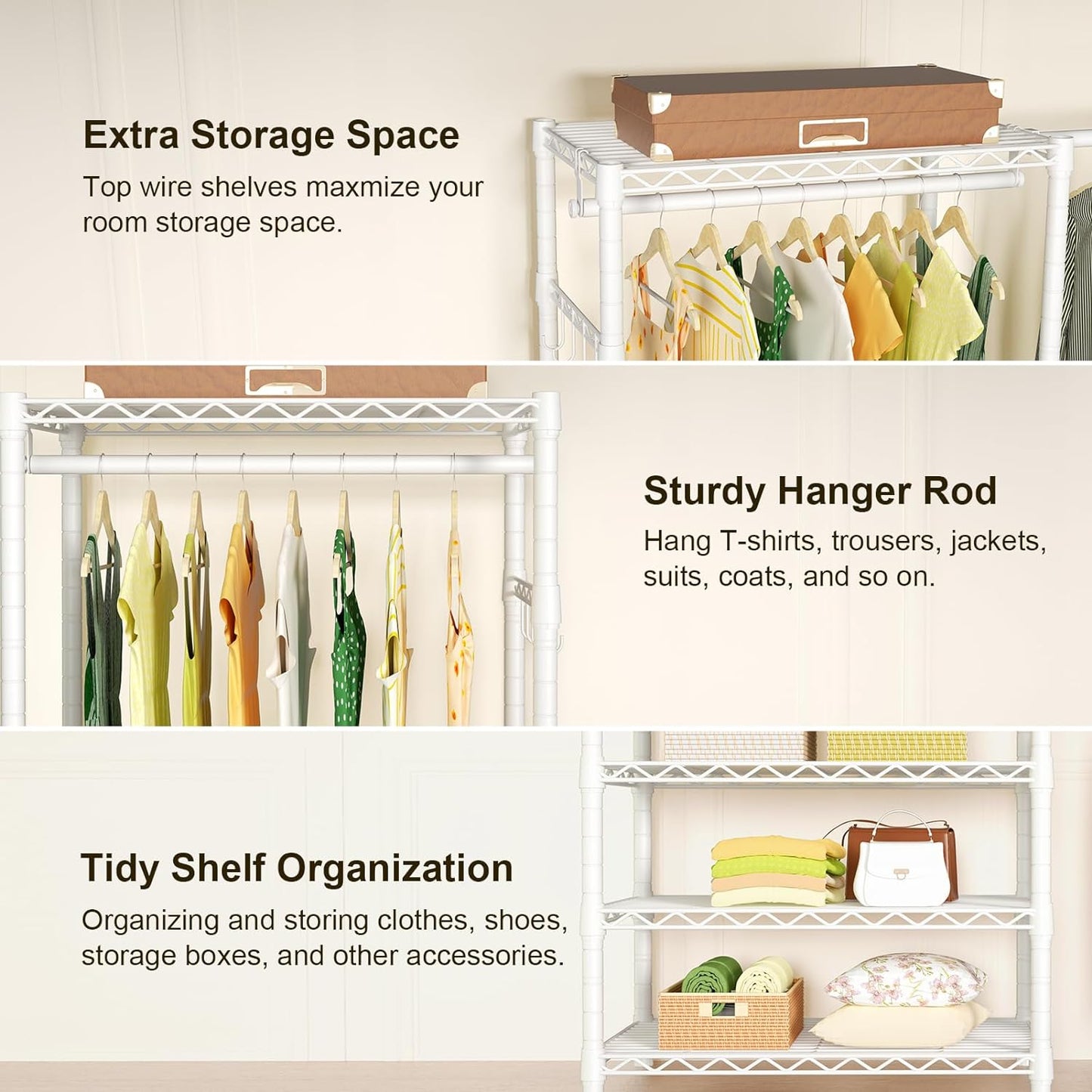 Ulif E1 Heavy Duty Closet Garment Rack, 6 Tiers Adjustable Metal Freestanding Expandable Clothing Storage with 4 Hanger Rods, Easy to Assemble Wardrobe, 71.4" H x (70" - 88.2") L x 14" D, White