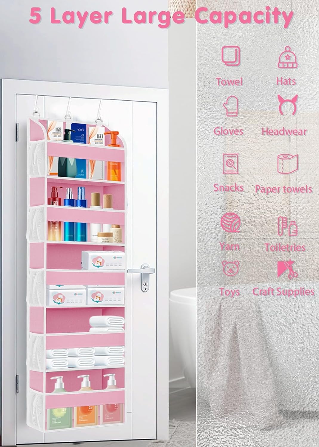 2 Pack Over The Door Storage Organizer with 5 Pockets 10 Mesh Pockets, 44 lbs Weight Capacity Door Hanging Organizers and Storage for Bedroom,Bathroom,Nursery,Kidroom,Babyroom