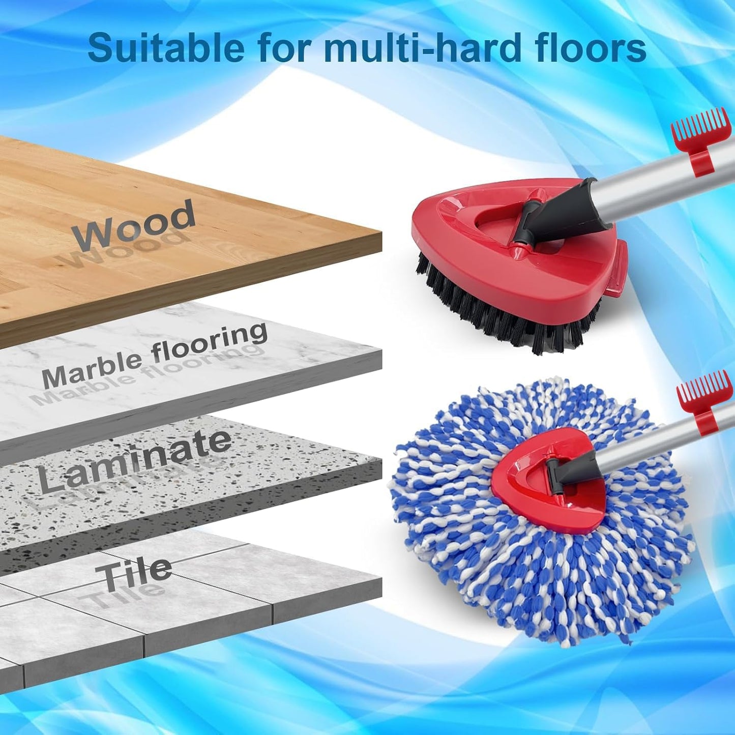 Spin Mop Head and Brush Replacement Compatible with O Cedar RinseClean 2-Tank System, 4 Mop Replace Heads, 1 Handle, 1 Base and 1 Scrub Brush Combo Set