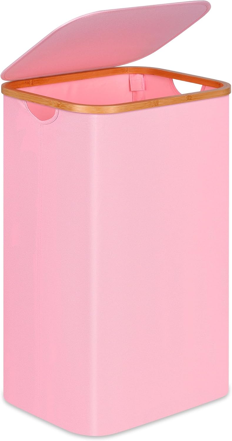 100L Laundry Hamper with Lid, Lagre Basket with Bamboo Handles,Foldable Clothes Hamper Tall Dirty Laundry Basket for Clothes Toys Towels Organizing,Pink