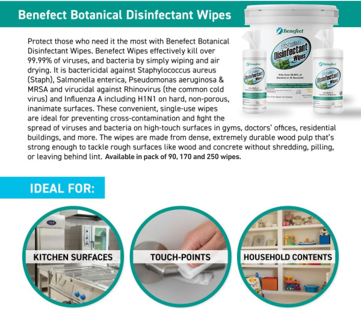 Benefect Botanical Disinfecting Wipes - (90 Wipe Count) Natural, No Residue - Antibacterial Disinfectant, Multi-Surface Cleaning and Sanitizing Wipes
