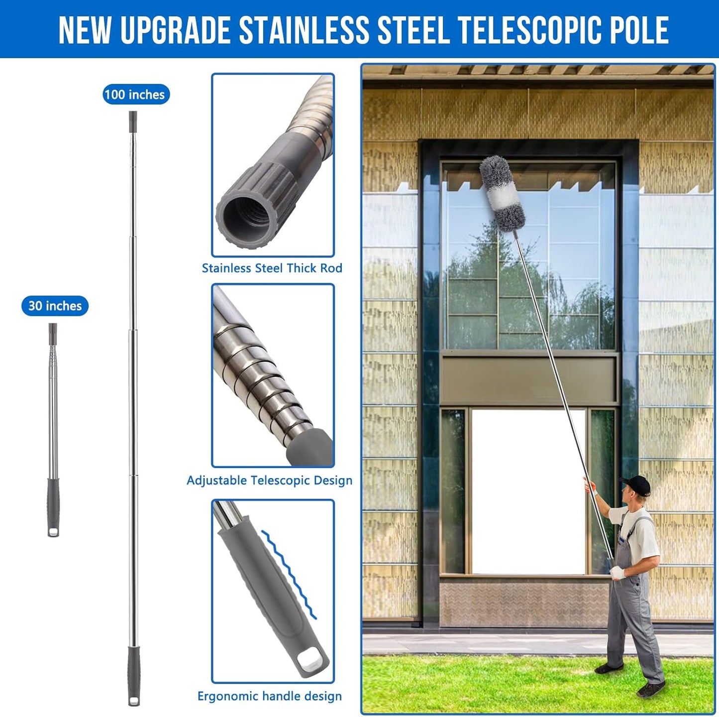 Microfiber Feather Duster Kit with Extension Pole (30–100") – Bendable Washable Heads, Extendable Dusters for Cleaning Ceiling Fan, High Ceiling, Blinds, Furniture & Cars (5 Pcs)