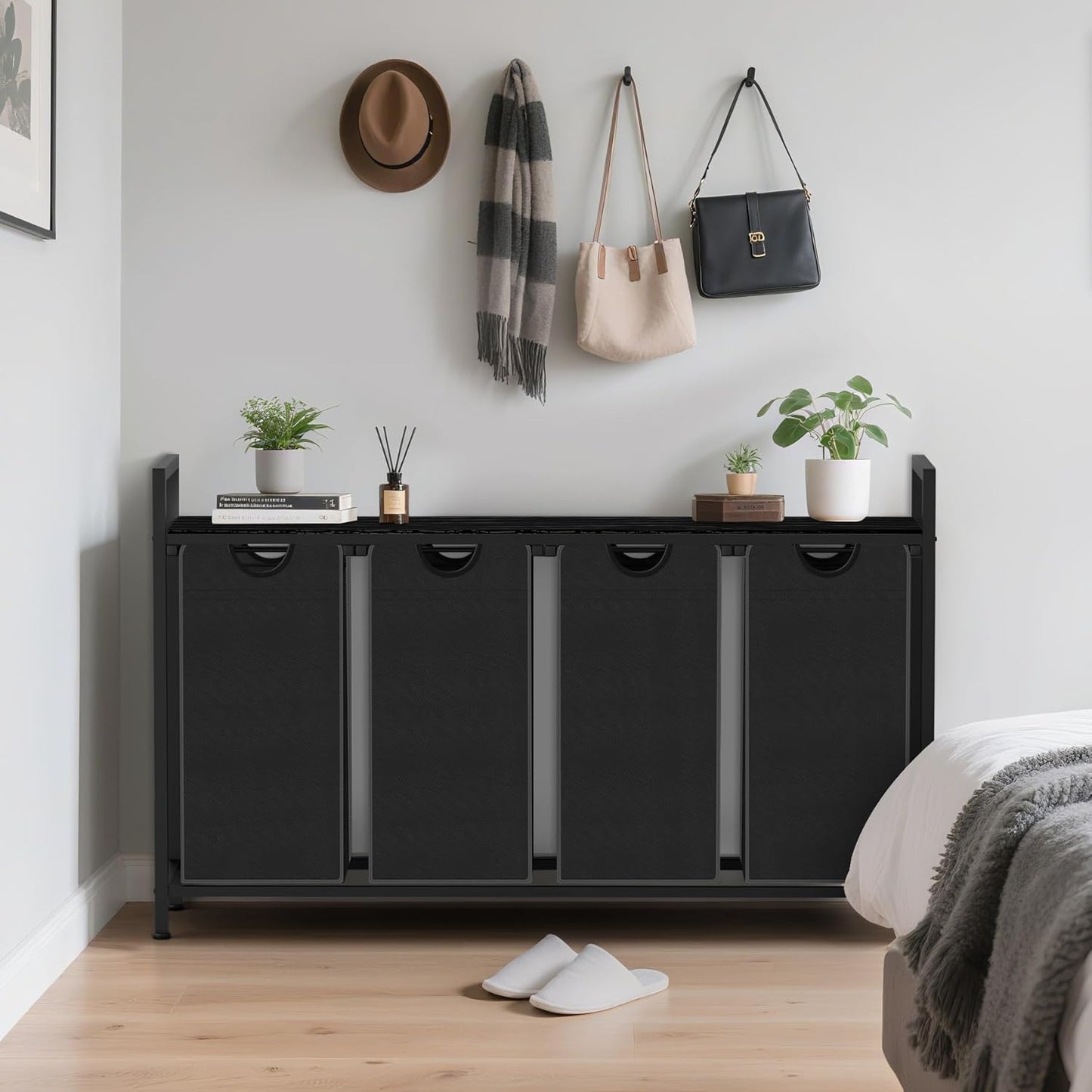 Laundry Hamper, Laundry Sorter with 4 Pull-Out Removable Oxford Fabric Bags Cloth Laundry Basket 4 x 10 Gallons (Charcoal Black)