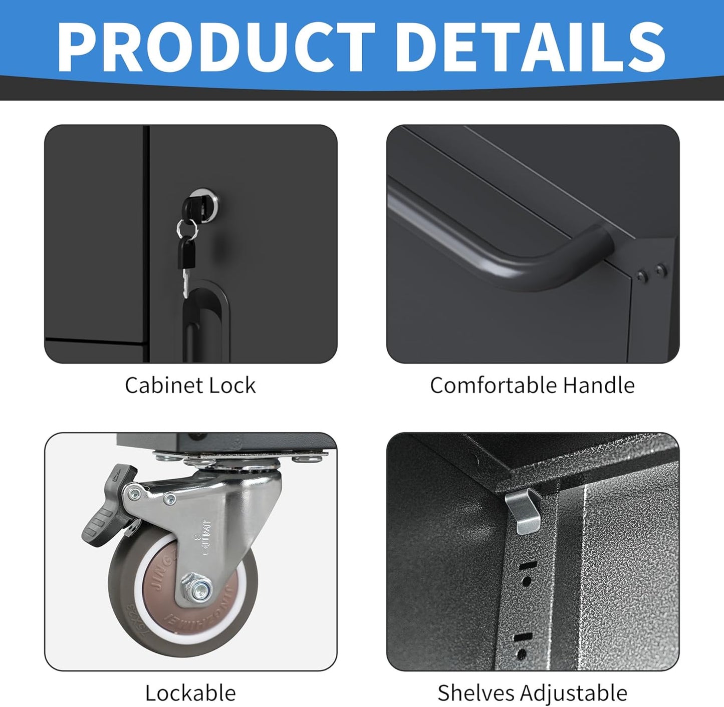 Metal Storage Cabinet with Wheels, Lockable Garage Cabinet with 2 Doors and 1 Drawer, Rolling Tool Storage, Assembly Required, Black