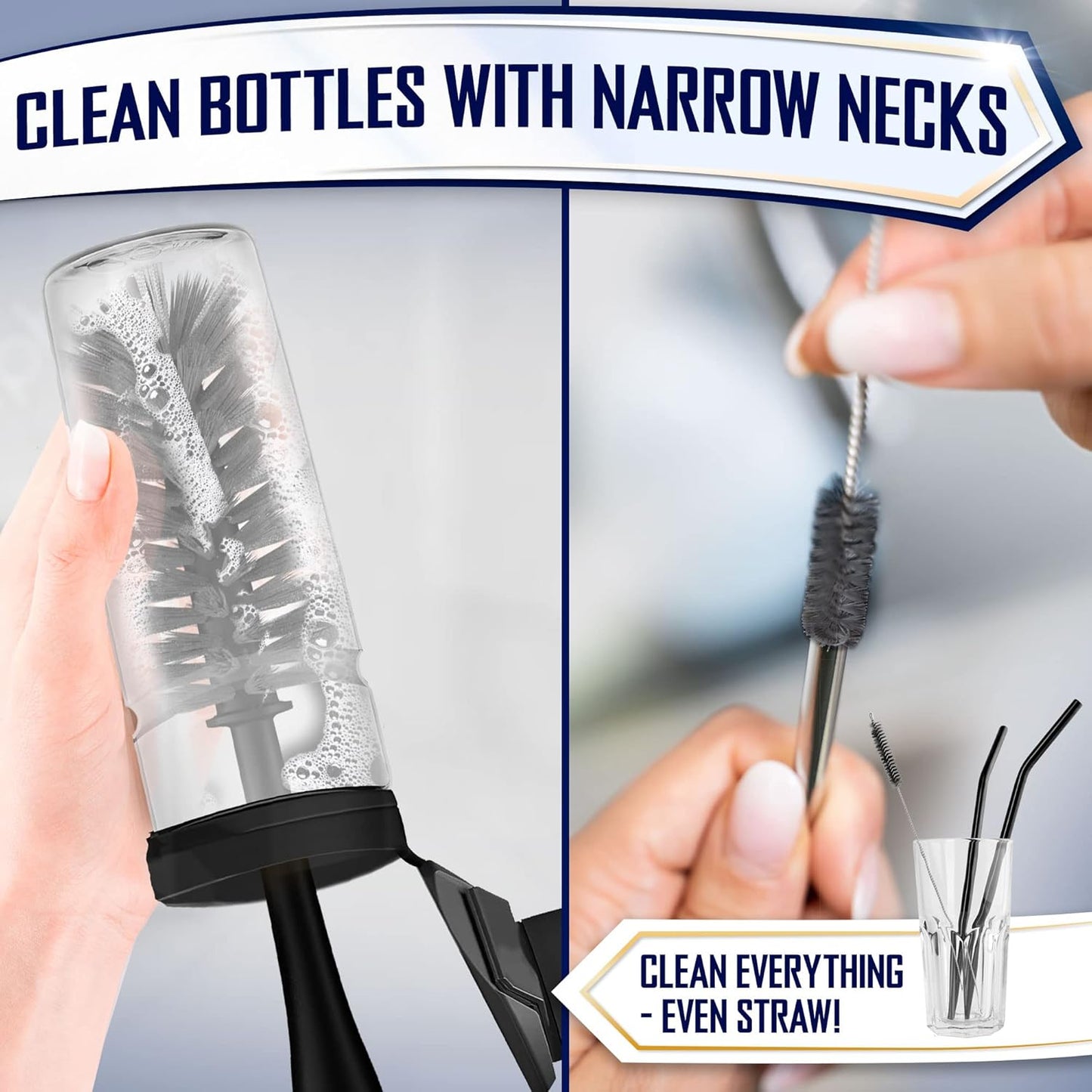 Dish Brush Set of 4 with Bottle Water Brush, Dish Scrub Brush, Scrubber Brush and Straw Brush - Kitchen Scrub Brushes Ergonomic Non Slip Long Handle for Cleaning Cleaner Wash Dish Sink Dishes Cup Pot