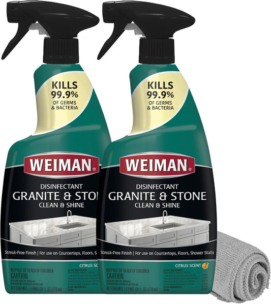 Weiman Disinfectant Granite Daily Clean & Shine (2 Pack with Polishing Cloth) Safely Clean Disinfect and Shine Granite Marble Soapstone Quartz Quartzite Slate Limestone Corian Laminate Tile Countertop