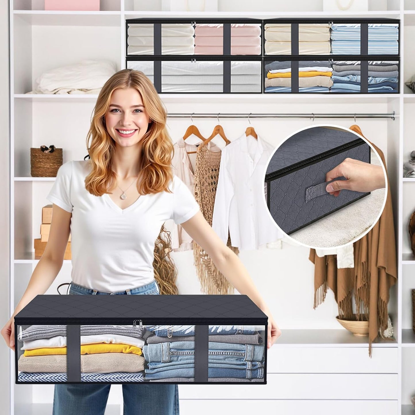 StorageRight Under Bed Storage Bins, 3-Pack 40L Foldable Fabric Storage Bags with Transparent Window, Breathable Organizer for Clothes/Blanket/Comforter/Quilt, Grey