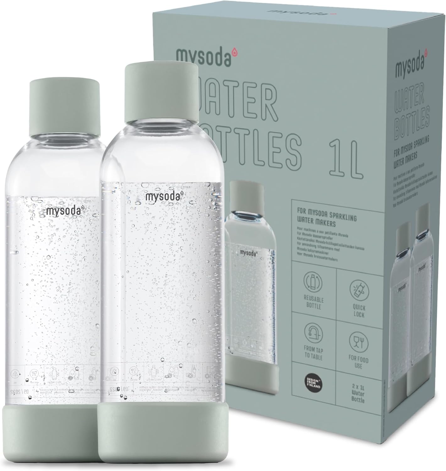Mysoda Carbonating Bottles 2Pck 1L - Compatible with MySoda and any brands - Quick-Lock Reusable Bottles - Lid and Base Made of Wood Composite - BPA Free - Sage Green