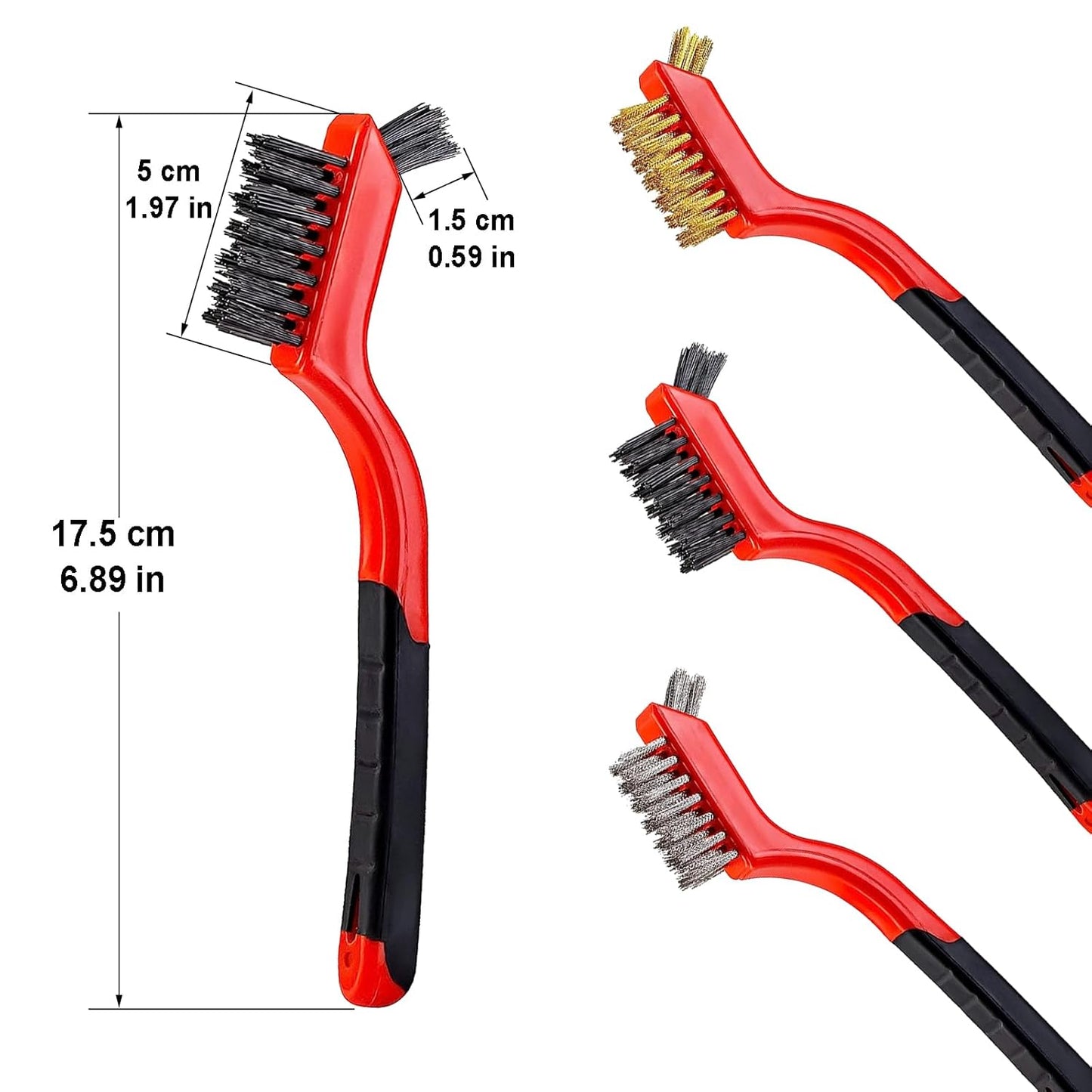 6Pcs Mini Wire Brush Set, Stainless Steel/Brass/Nylon Bristles Wire Brushes, Curved Handle Soft Grip for Rust, Dirt & Paint Scrubbing with Deep Cleaning – 7 Inches (Red)