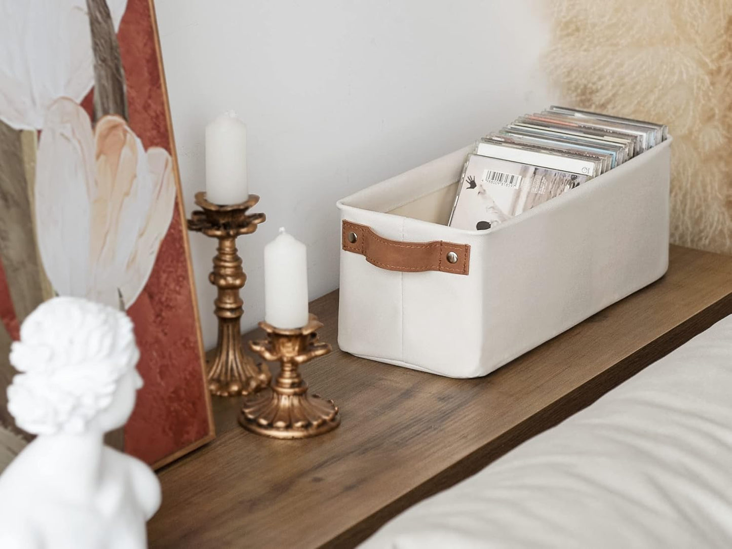 StorageWorks Narrow Storage Bins, Small Basket for Closet and Shelves, Fabric Organizer with Handles, Toilet Paper Storage, Beige, 2-Pack