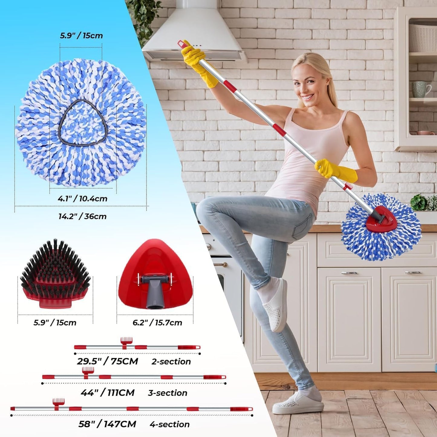 2 Pack Spin Mop Heads Replacement Compatible with O Cedar RinseClean 2 Tank, Upgraded Scrub Brush,4 Section Mop Handle and 1 Base Combo Set, Microfiber Replace Head Refill