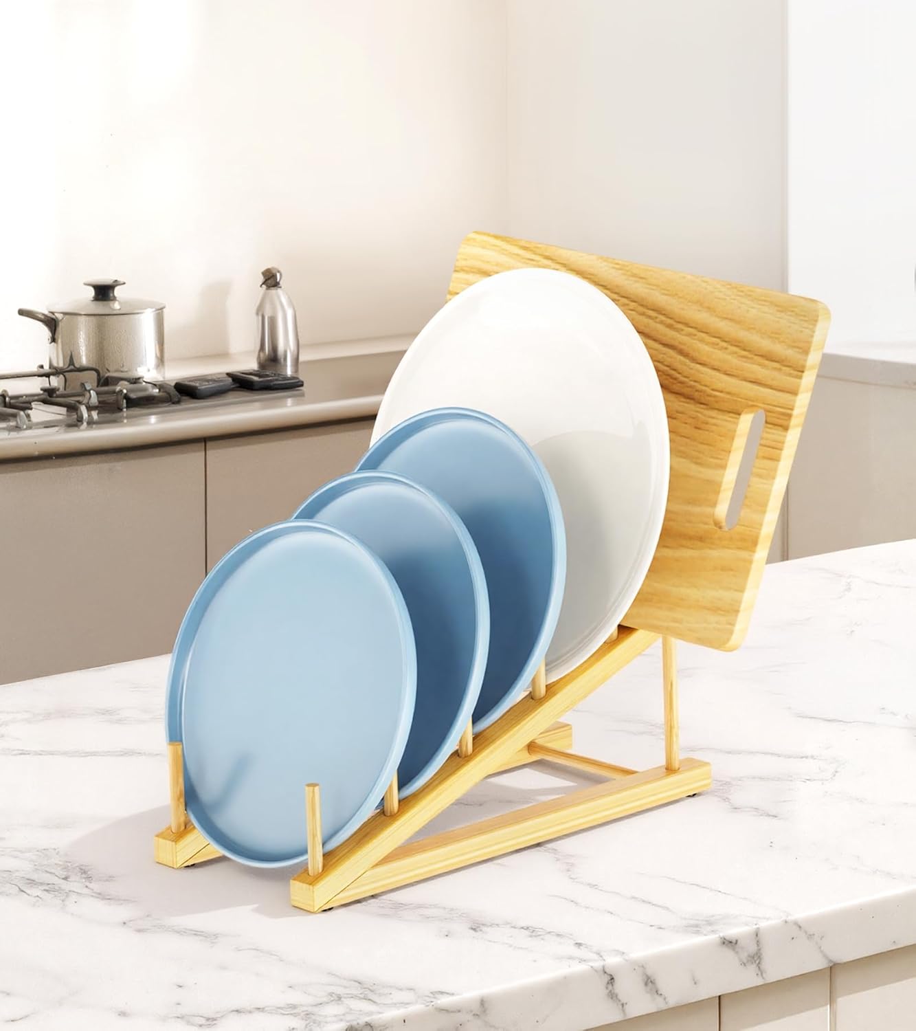 2-Pack Bamboo Dish Drying Rack, 5 Slots Kitchen Organizer Craft Show Display Stand for Holds Plates, Cups, Cutting Boards, Pot Lids, Canvas, Books, Records and Magazine