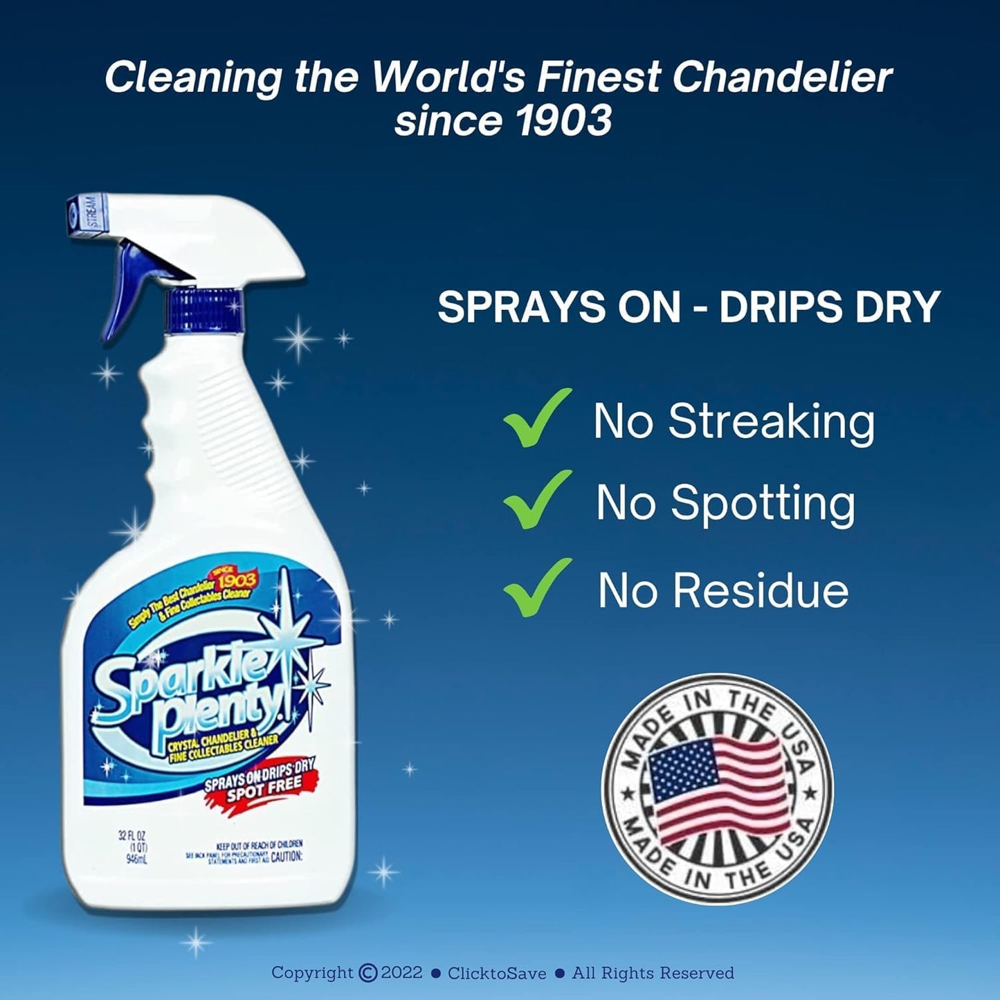 Sparkle Plenty Chandelier Cleaner Drip Dry Spray No Wipe - Dust Remover & Streak Free Glass Cleaner Spray for Crystal Chandelier & Window Screen - Versatile Household Cleaning Supplies (32 oz, 3 Pack)