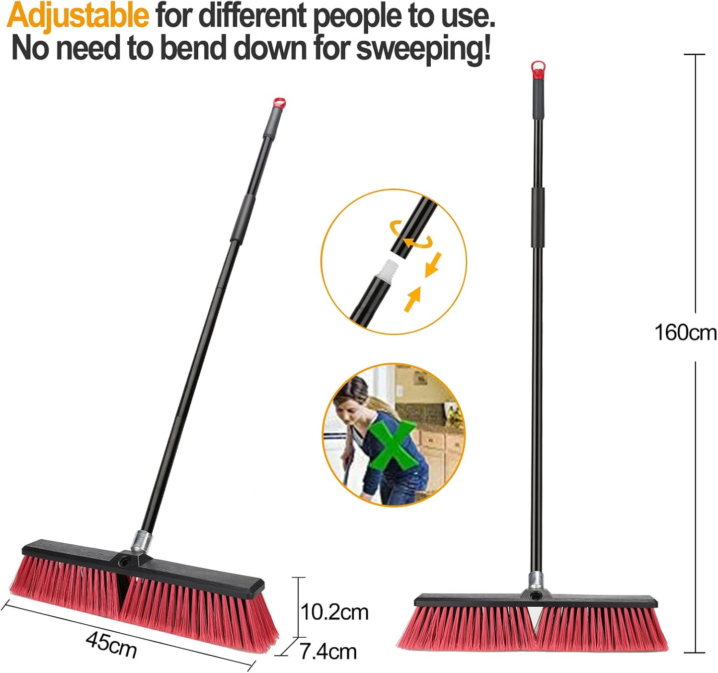 18 inches Push Broom Outdoor Garden Broom with 63" Long Handle for Deck Driveway Garage Yard Patio Concrete Floor Cleaning(Red)