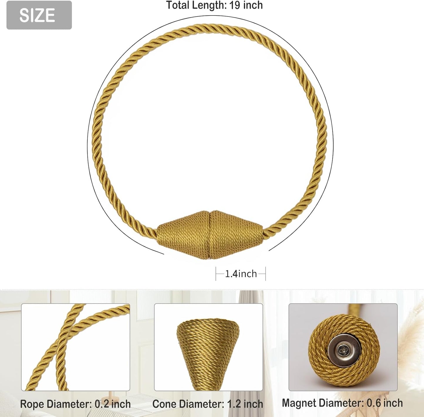 Magnetic Curtain Tiebacks 2 Pack Outdoor Rope Curtain Tie Backs Decorative Window Treatment Holdbacks for Home Decorative Curtain, Gold
