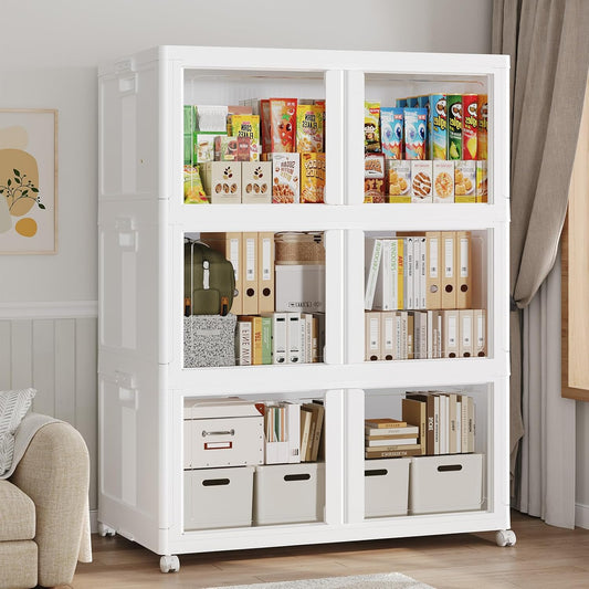 150GAL Large Stackable Storage Bins with Lid and Wheels, 600Qt Collapsible Organizer Cabinet with Clear Door, for Closet, Bedroom, Kitchen, Garage, 3-Pack White