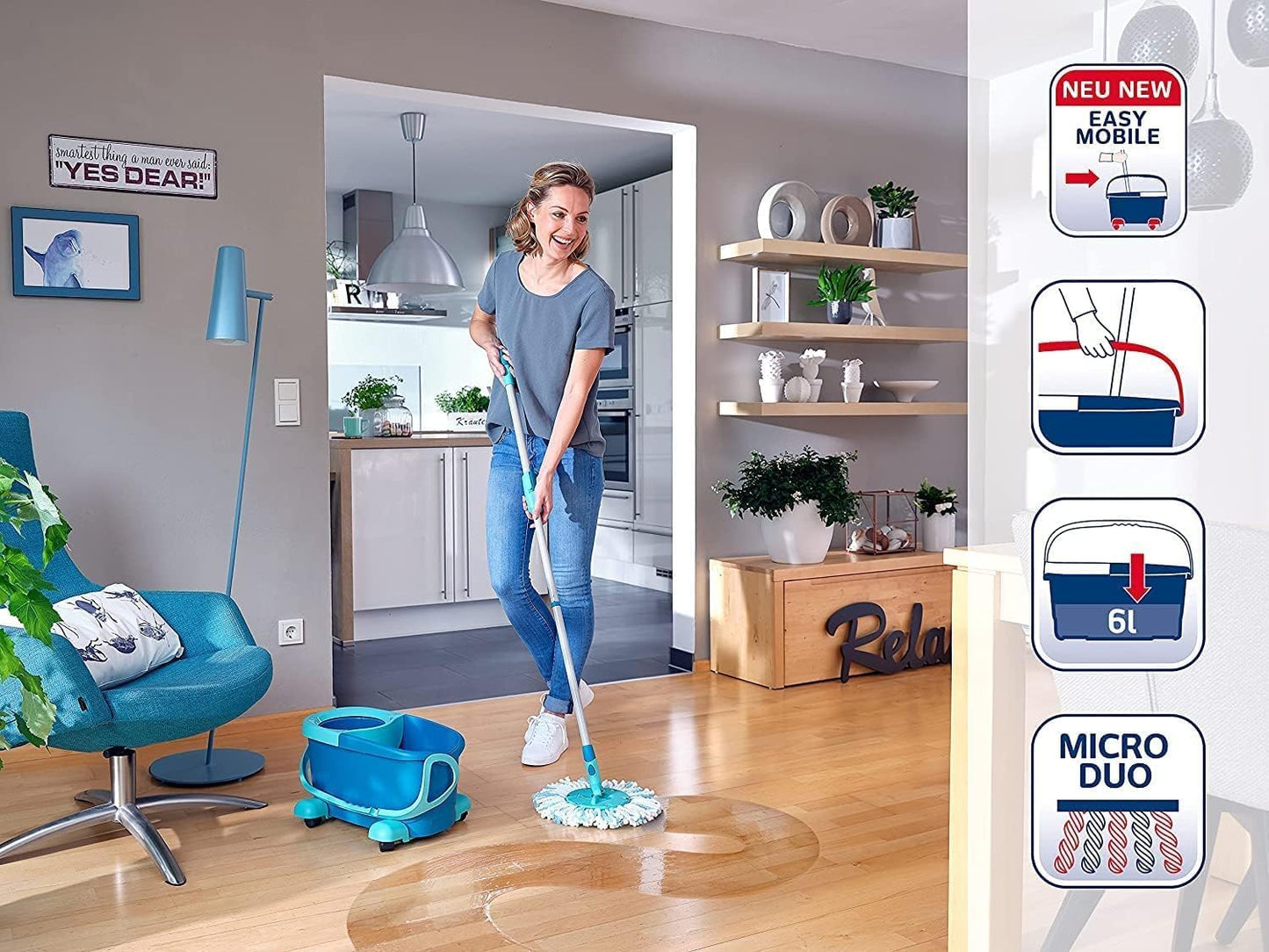 Leifheit Clean Twist Spin Mop and Bucket Set with Rollers | Telescopic Handle, 360° Joint, Spin-Dry System | Easy Glide Wheels | Blue