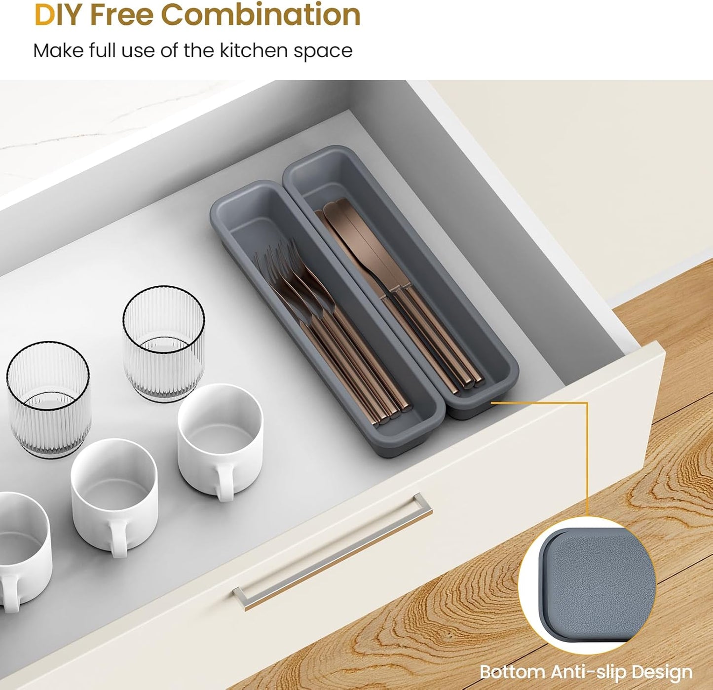 2 Pack Silicone Silverware Drawer Organizer, DIY Free Combination Kitchen Drawer Organizer, Utensil Organizer, Moisture-proof and Heat-resistant up to 200°C, Anti-slip and Environmentally (Grey)