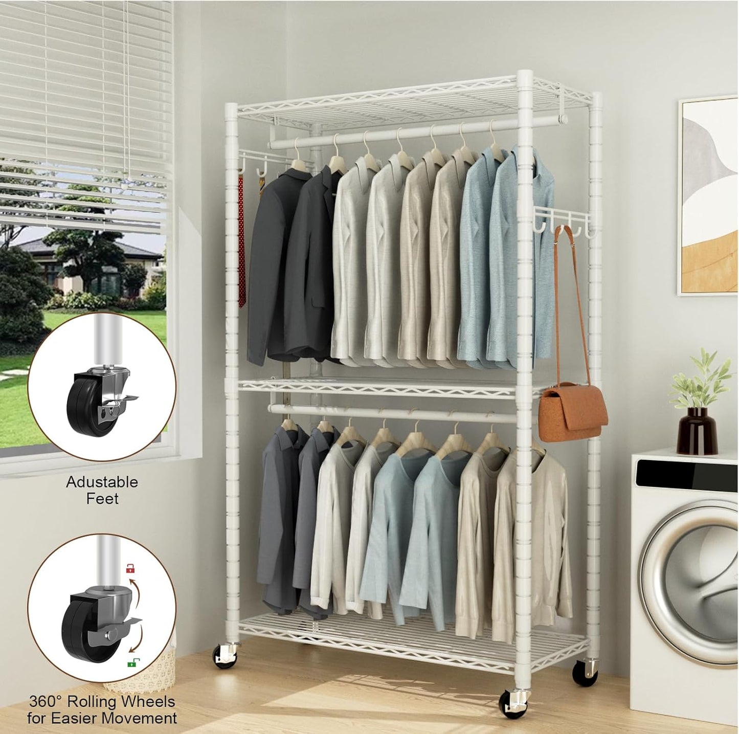 Clothes Rack, Clothing Rack for Hanging Clothes, 3 Tiers Adjustable Heavy Duty Closet Organizer with Wheels | Double Rods | Side Hooks | Load 445lbs | 35.43" L x 15.7" W x 78.34" H | White