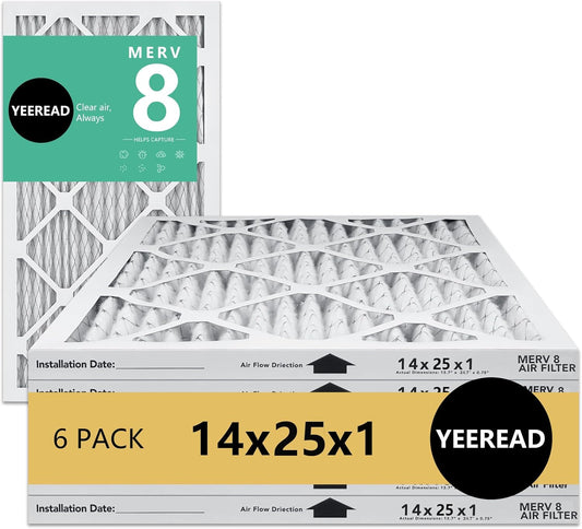 14x25x1 MERV 8 Air Filters 6-Pack, Actual Size 13.7" x 24.7" x 0.75" – Compatible with HVAC, Air Conditioners & Furnaces– High Particle Capture & Smooth Airflow