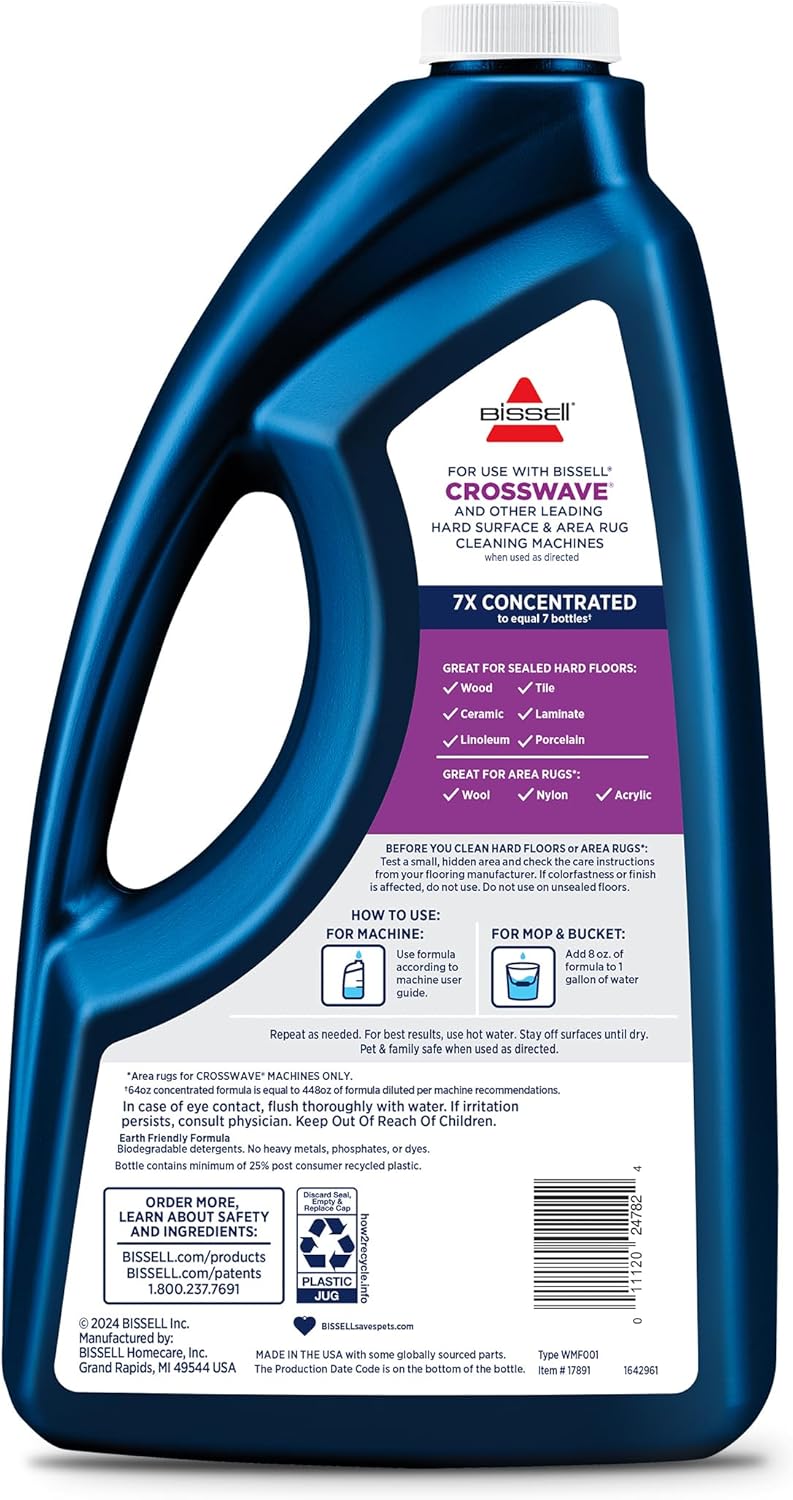 BISSELL MultiSurface Floor Cleaning Formula-Crosswave and Spinwave, 17891, 64oz, Removes Everyday Dirt and Grime, Safe on Sealed Hard Floors, Tile, Laminate, Area Rugs, Spring Breeze