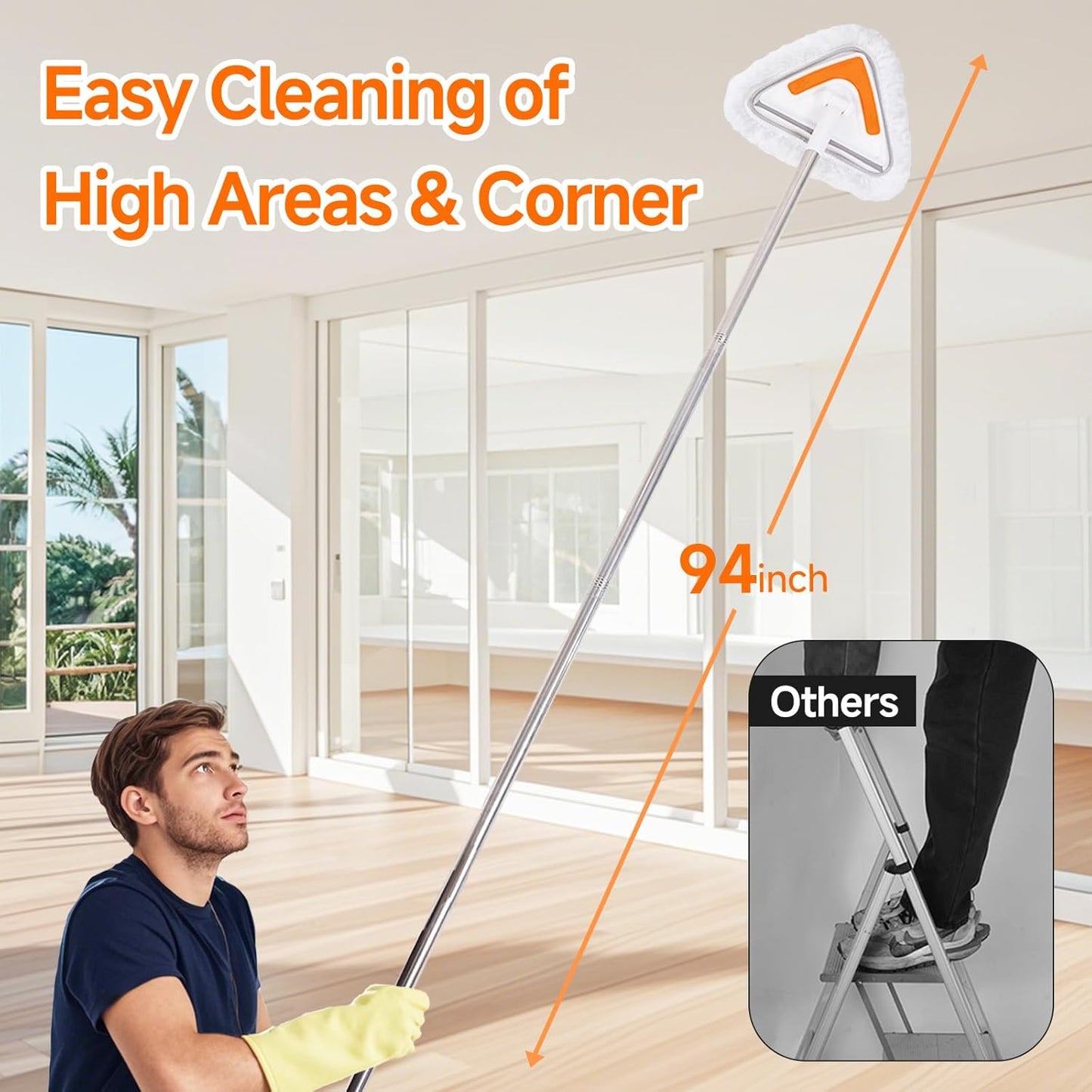Wall Mop Cleaner with Long Handle,94” Multipurpose Wall Duster,Ceiling Mop,Window Mesh Screen Cleaner with Squeegee,Wall Cleaner Mops with 6 Replacement Pads for Painted Walls,Floor,Baseboard,Glasses