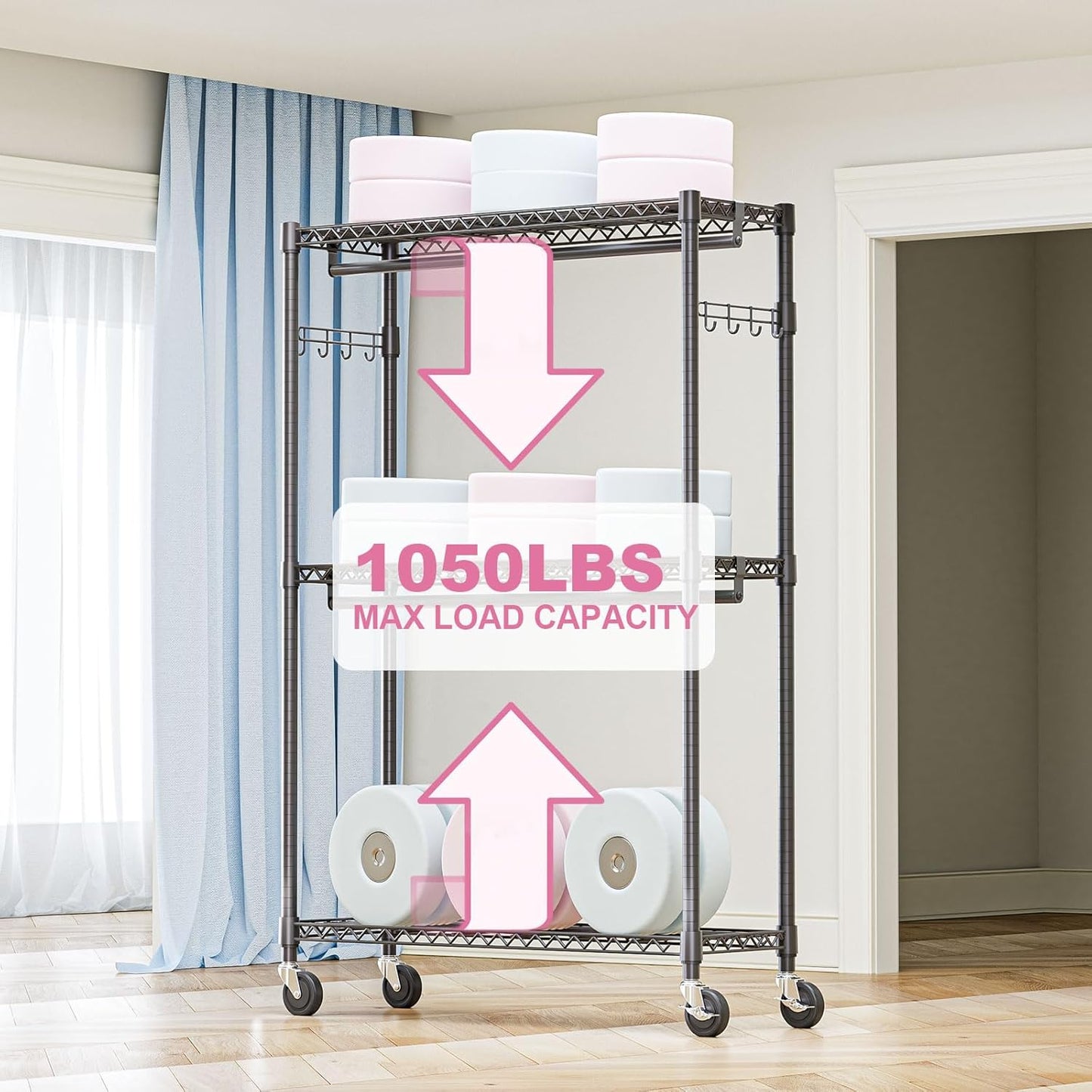 Heavy Duty Rolling Garment Rack 3 Tiers Adjustable Wire Shelving Clothes Rack with 2 Rods and Side Hooks,Storage Closet Clothing Rack with Wheels Black 15.7" D x 45.3" W x 79.6" H