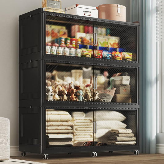 150GAL Extra Large Storage Bins with Lid, 600QT Collapsible Organizer with Wheels, Stackable Closet Cabinet with Doors, Folding Storage Containers for Home, Office, Dorm, 3Pack Black