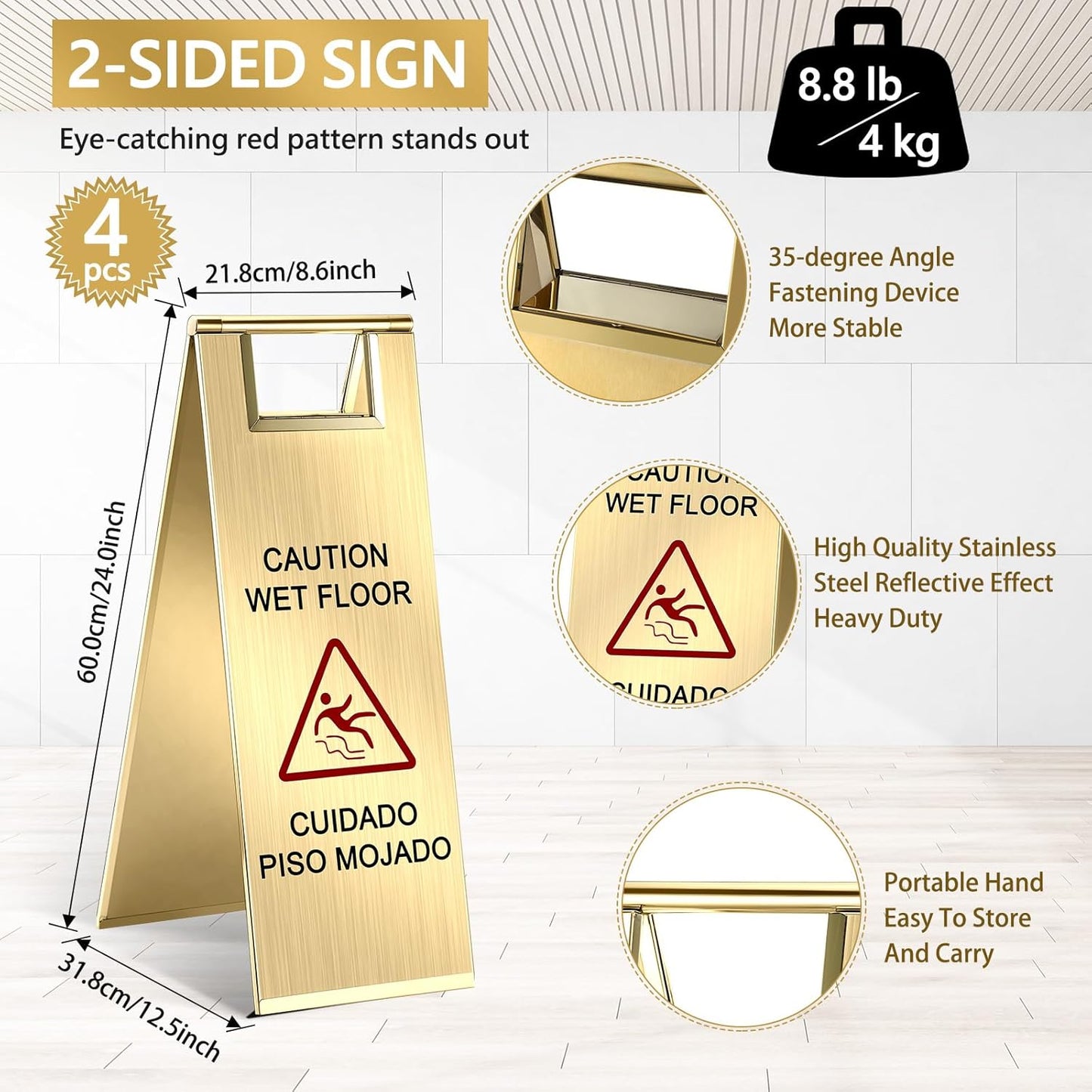 LEIFIDE 4 Pcs Stainless Steel Wet Floor Caution Sign Bulk 8.8 Pound Portable Foldable Handle Bilingual Safety Sign for Kitchen Restaurant Shop Commercial Use Avoid Fall and Slip Accident (Gold)