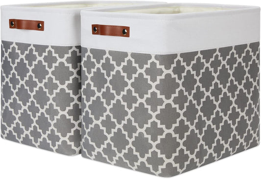 DULLEMELO Storage Baskets Large 17"x12"x15" Foldable Rectangular Storage Bins Baskets for Organizing [2 Pack] Fabric Nursery Storage Baskets for Home,Office,Closet,Clothes,Toys (White&Lattice Grey)