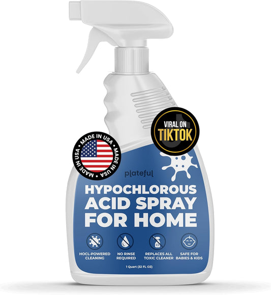 Plateful Hypochlorous Acid Spray for Home (1 Quart) – HOCl Multi-Surface Cleaning Spray, Everyday Household Cleaner, Gentle Formula, Residue-Free, Made in the USA
