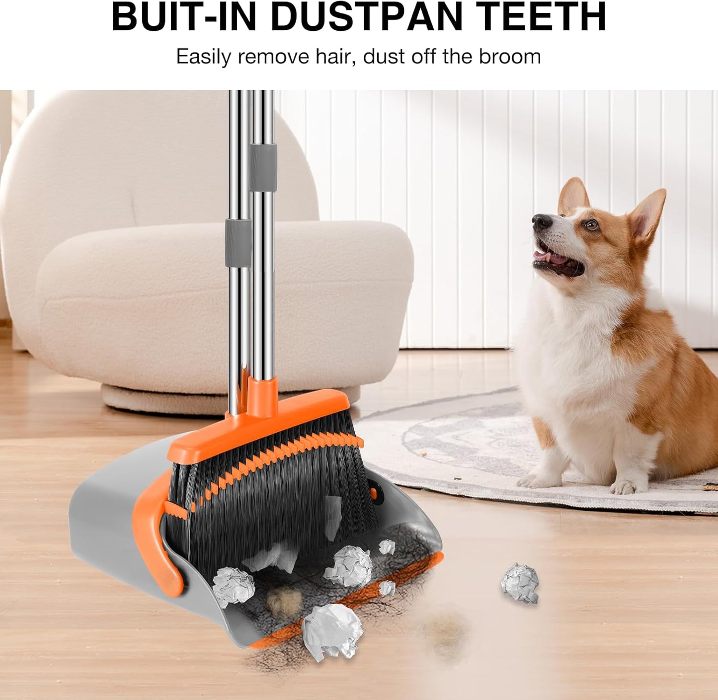 NACENA Broom and Dustpan Set, 52-in Long Adjustable Handle Broom Dustpan Combo with Dustpan Teeth to Automatically Clean Hair Suitable for Home Kitchen Office Hall Floor (Grey&Orange), 2 Pack
