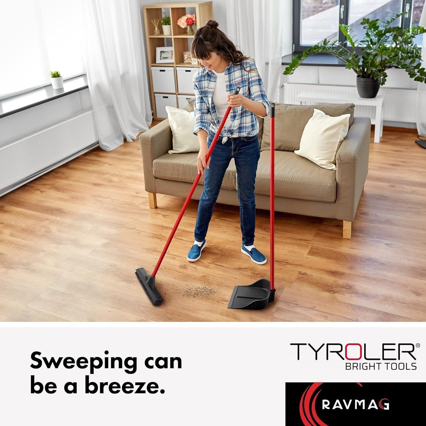 Dustpan with Handle by Ravmag- Solid Natural Rubber Construction- 29” Long Handled Dust Pan- Stand Up Design- Accommodates Any Broom/Hand Brush- Best Dustpans for Home (2 Piece Long Handle)