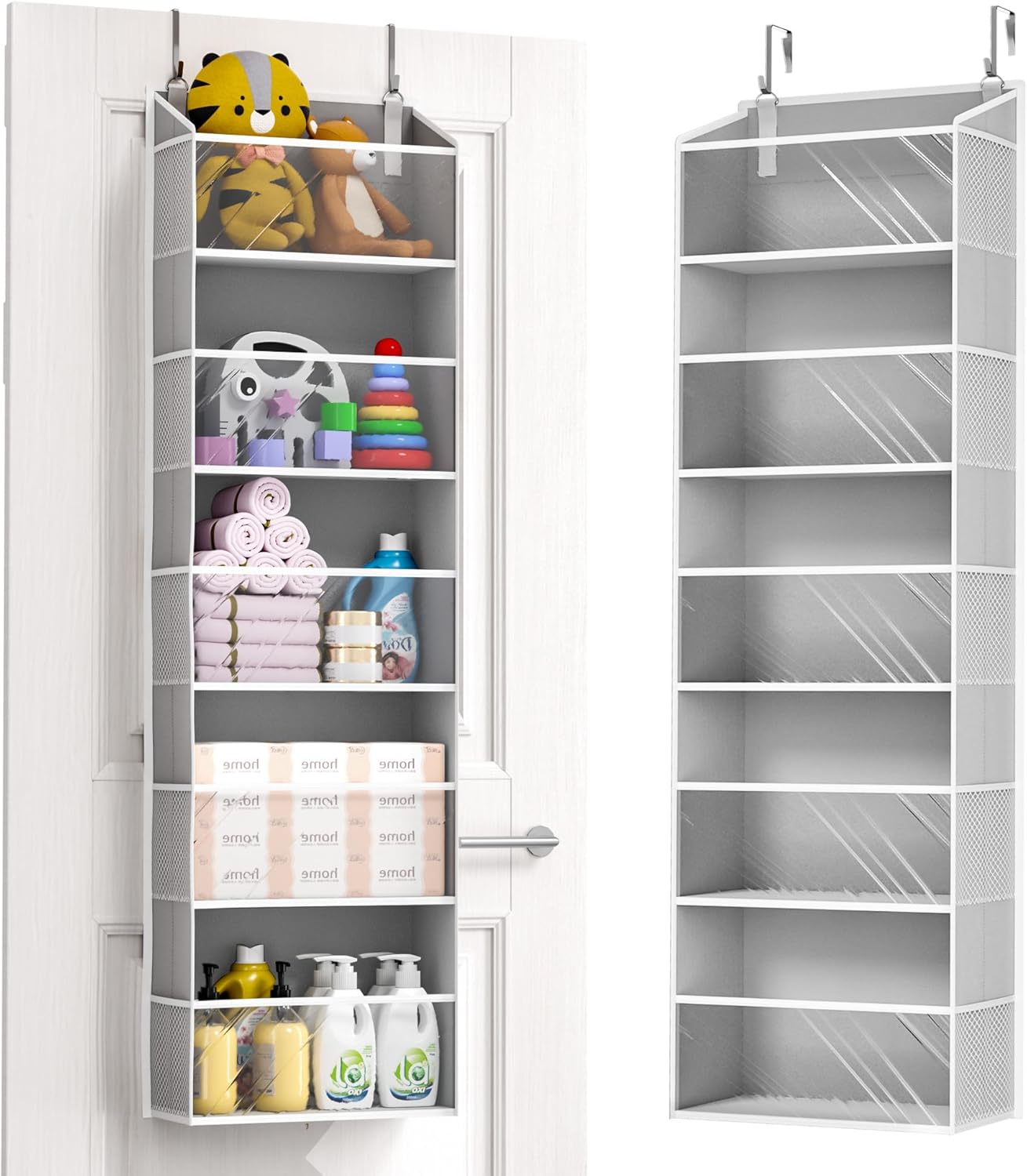 ULG 1-Pack Over Door Organizer with 5 Large Pockets 10 Mesh Side Pockets, 44 lbs Weight Capacity Hanging Storage Organizer with Clear Window for Bedroom Bathroom Kitchen, RV, Camper, Clear Grey